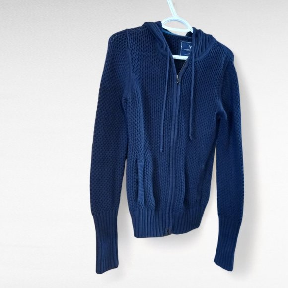 American Eagle Live Your Life Full Zip Cable Knit Hoodie – Navy Blue, Size M - Picture 8 of 16